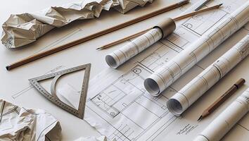 Blueprint designs and drafting tools arranged on a work surface showcasing creative architectural plans and concepts photo