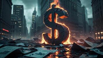 Burning dollar symbol among debris in a dark urban setting at dusk photo