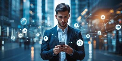 Man uses smartphone in urban environment while surrounded by digital technology icons and data connections photo