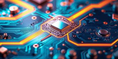 Close-up of a computer circuit board showcasing intricate designs and glowing connections during a technology event photo