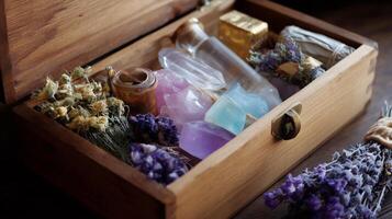 Unique wooden box filled with colorful crystals, herbs, and essential oils in a rustic setting photo