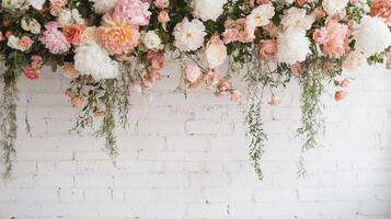 Beautiful floral arrangement hanging against a white brick wall in a bright setting photo