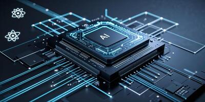 High-tech AI microchip showcasing advanced circuitry and data processing capabilities in a futuristic design photo