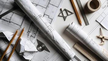 Architectural blueprints and drafting tools scattered on a workspace table during a project planning session photo