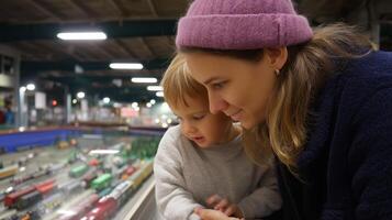 Child explores a miniature train exhibit with mother at a museum in the afternoon photo