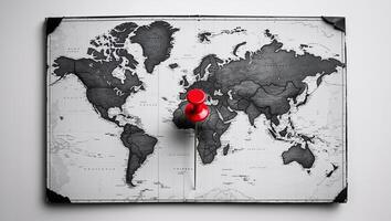 Red pushpin marks important location on detailed black and white world map in a creative workspace setting photo