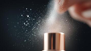Fine mist released from a cosmetic spray bottle during an evening beauty routine in a softly lit bathroom photo