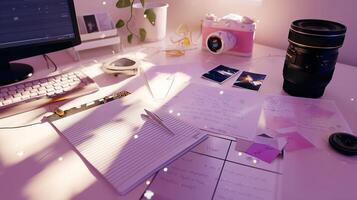Creative workspace with notes, camera, and natural light during early afternoon photo