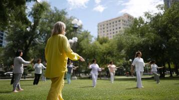 Group of individuals practicing tai chi in a city park during a sunny afternoon photo