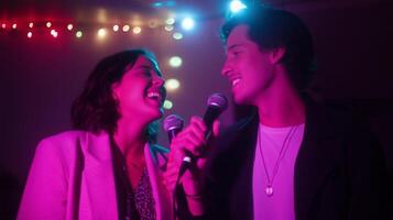 Young couple enjoys singing together at a colorful indoor party with vibrant lights during a fun night out photo