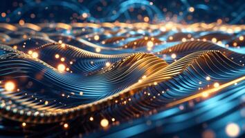 Abstract wavy pattern illuminated by golden light against a blue background creating a dynamic visual effect in a futuristic setting photo