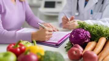 Nutrition consultation taking place with a doctor and client discussing healthy eating habits in a bright clinic setting photo