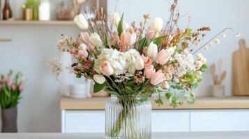 Beautiful floral arrangement with tulips and hydrangeas displayed on a kitchen counter in a modern home setting photo