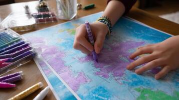 Creating colorful marks on a detailed world map during a leisure afternoon photo