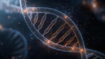 Detailed visualization of DNA structure showcasing its double helix form and illuminated base pairs against a dark background photo