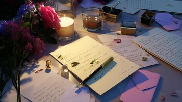 Warm romantic setting with handwritten letters, flowers, and candlelight creating an intimate atmosphere in the evening photo