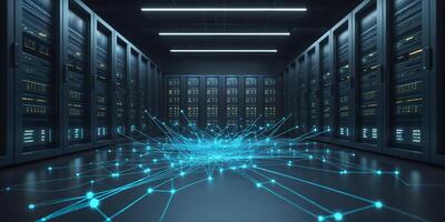Data center with glowing network connections illustrating digital technology in a modern computing environment photo