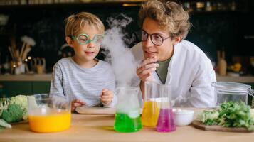 Young boy and scientist enjoy colorful chemical reactions in lively kitchen environment during educational experiment photo