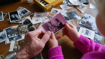 Child examines a vintage photograph while surrounded by a collection of old family pictures at a cozy table in the afternoon photo
