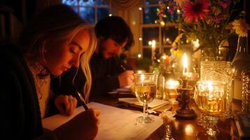 Couple enjoys candlelit writing session during cozy evening at home with flowers and soft lighting photo