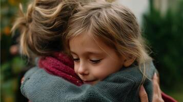 Embracing warmth and affection during a heartfelt moment in a cozy garden setting photo