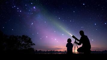 Star gazing adventure at dusk with a parent and child using a telescope under a starry sky photo