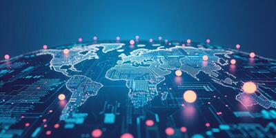 Modern digital globe showcasing interconnected networks with vibrant data points in a dark blue background photo