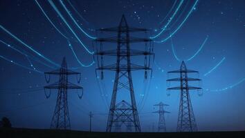 Power lines stand tall against a deep blue sky illuminated by stars while energy flows through the lines at night photo
