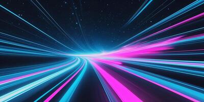 Colorful light streaks create a futuristic highway in a digital landscape with starry night background photo