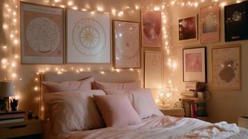 Cozy bedroom adorned with soft lighting and framed art creates a tranquil atmosphere for relaxation and rest photo