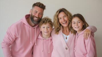 Happy family of four posing together in matching pink outfits at home during daytime photo