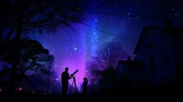 Stargazers observe the night sky with a telescope in a serene countryside setting under a vibrant purple and blue galaxy photo