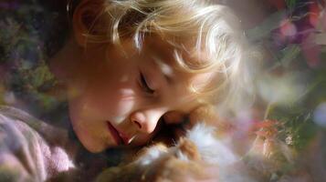 Child peacefully sleeping with a small animal in a colorful, natural setting during the daytime photo