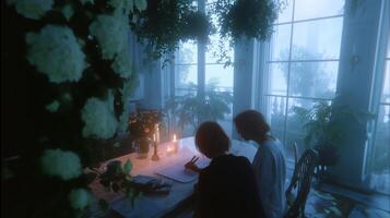 Two people engaged in quiet conversation while writing at a candlelit table surrounded by plants in a misty room photo