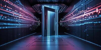 Futuristic corridor with glowing door and digital circuit patterns at night in a high-tech environment photo