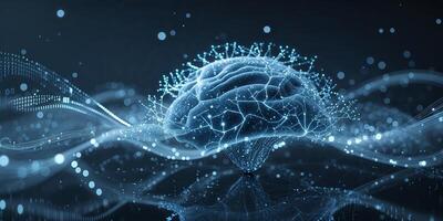 Digital representation of a brain surrounded by data patterns and glowing lines in a futuristic setting photo