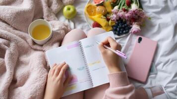 Cozy morning routine with planning, fresh fruits, and relaxation in a soft atmosphere photo