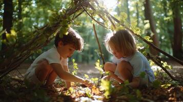 Two children explore nature while building a fort with sticks and leaves in a sunlit forest during the golden hour photo