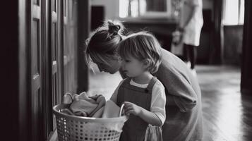 Mother and child explore a basket of laundry together in a cozy indoor setting during the afternoon photo