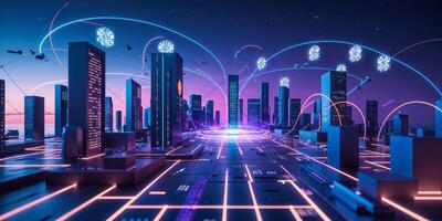 Modern futuristic city skyline illuminated at twilight with advanced technology and digital connections photo