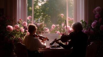 Musicians playing violins in a sunlit room surrounded by blooming flowers during a serene afternoon photo
