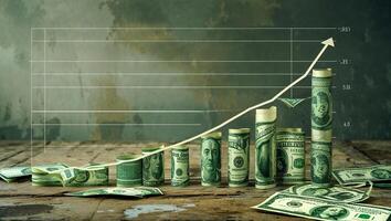 Financial growth represented by dollar bills and an upward trend graph on a textured surface in a well-lit setting photo