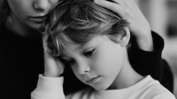 Mother comforting her son during a tender moment in a cozy indoor setting on a quiet afternoon photo