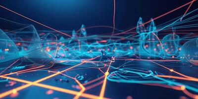 Colorful abstract digital landscape with glowing lines and nodes representing data flow and technology concepts photo