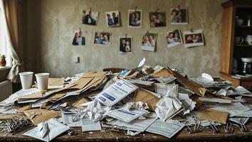 Messy workspace filled with unorganized papers, envelopes, and photographs in a cozy room photo