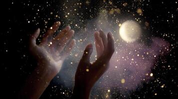 Hands reaching towards a glowing moon with swirling glitter and dust in a mystical atmosphere at night photo