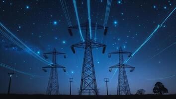 Power lines under a starry night sky with glowing energy trails illuminating the dark landscape photo