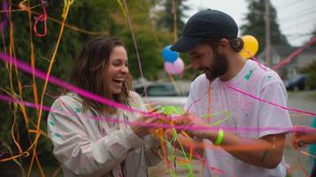 Festive celebration with colorful string and laughter in a lively outdoor setting during a joyful gathering photo