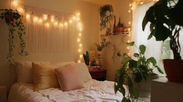 Cozy bedroom with plants and soft lighting creating a serene atmosphere during the evening photo
