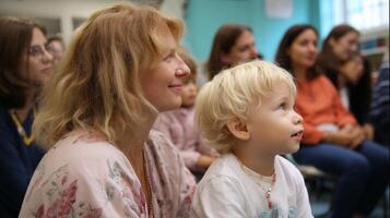 Family members enjoy an engaging storytelling session at a community center during a sunny afternoon photo